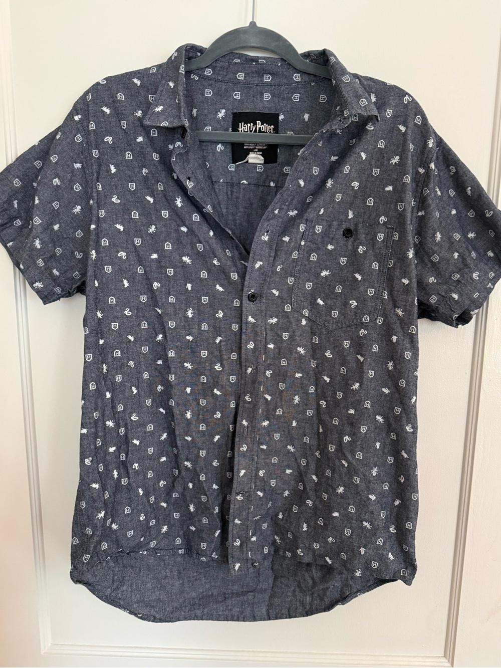 Harry Potter Short-Sleeve Button-Down Shirt in Charcoal with White Icons